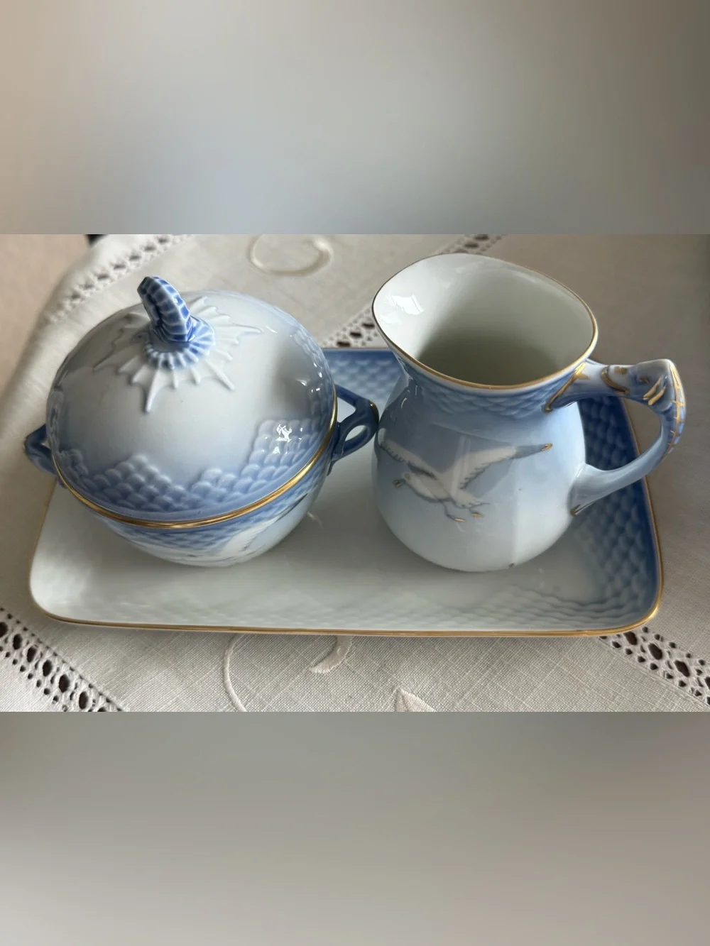 Bing & Grondahl Blue Porcelain Creamer and Sugar Set with Gold Trim.